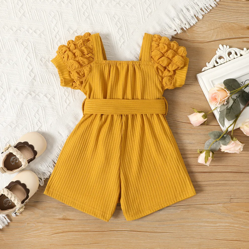 Baby Girl 95% Cotton Puff Sleeve Belted Jumpsuit big image 3