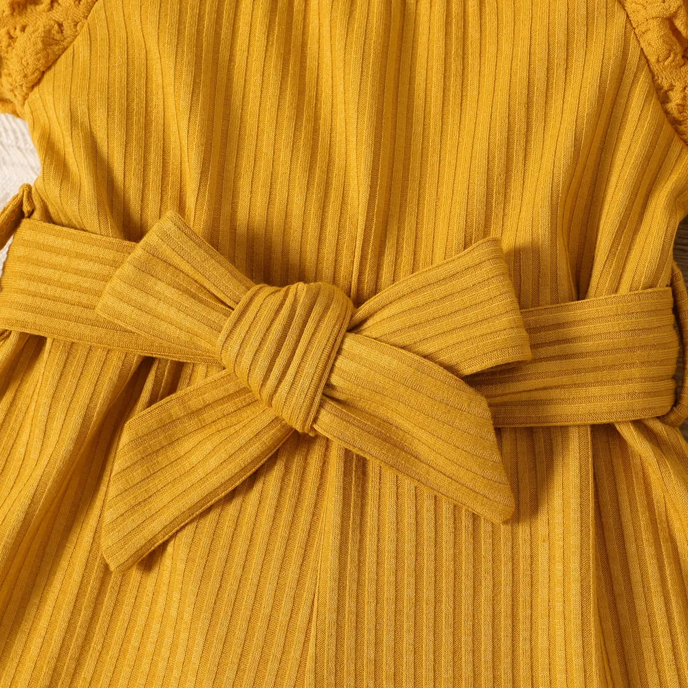 Baby Girl 95% Cotton Puff Sleeve Belted Jumpsuit big image 4