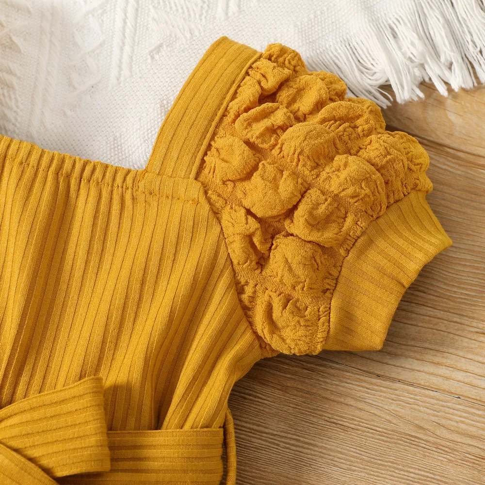 Baby Girl 95% Cotton Puff Sleeve Belted Jumpsuit big image 5
