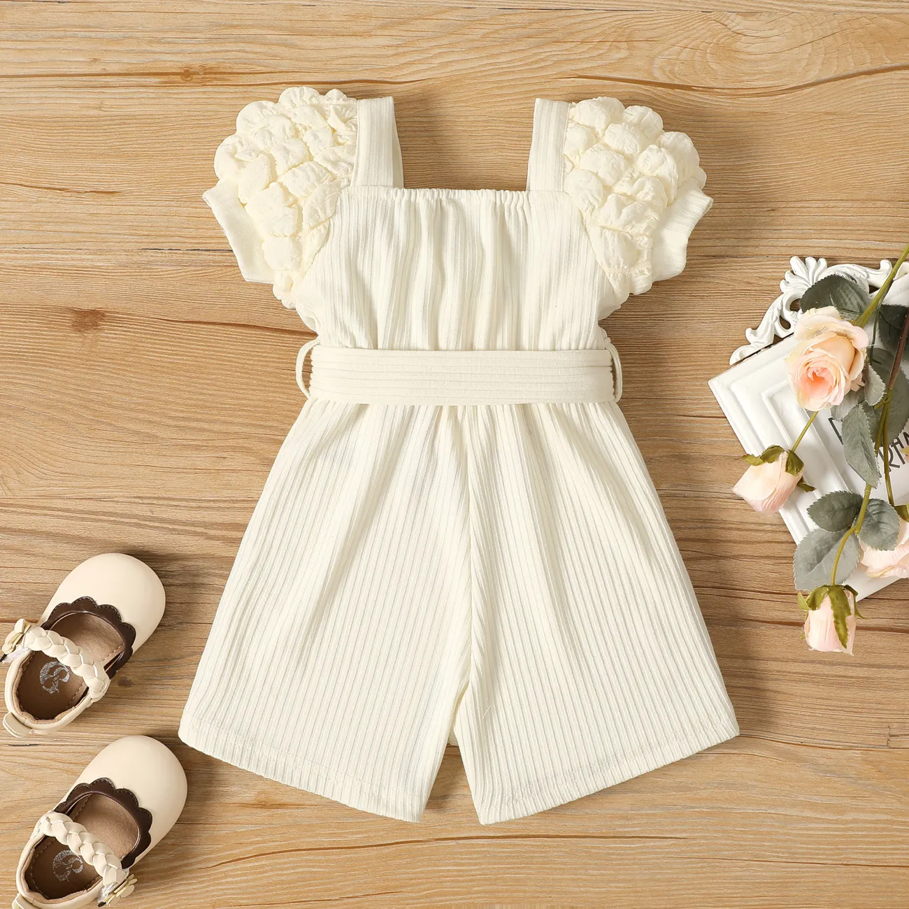 Baby Girl 95% Cotton Puff Sleeve Belted Jumpsuit Apricot big image 1
