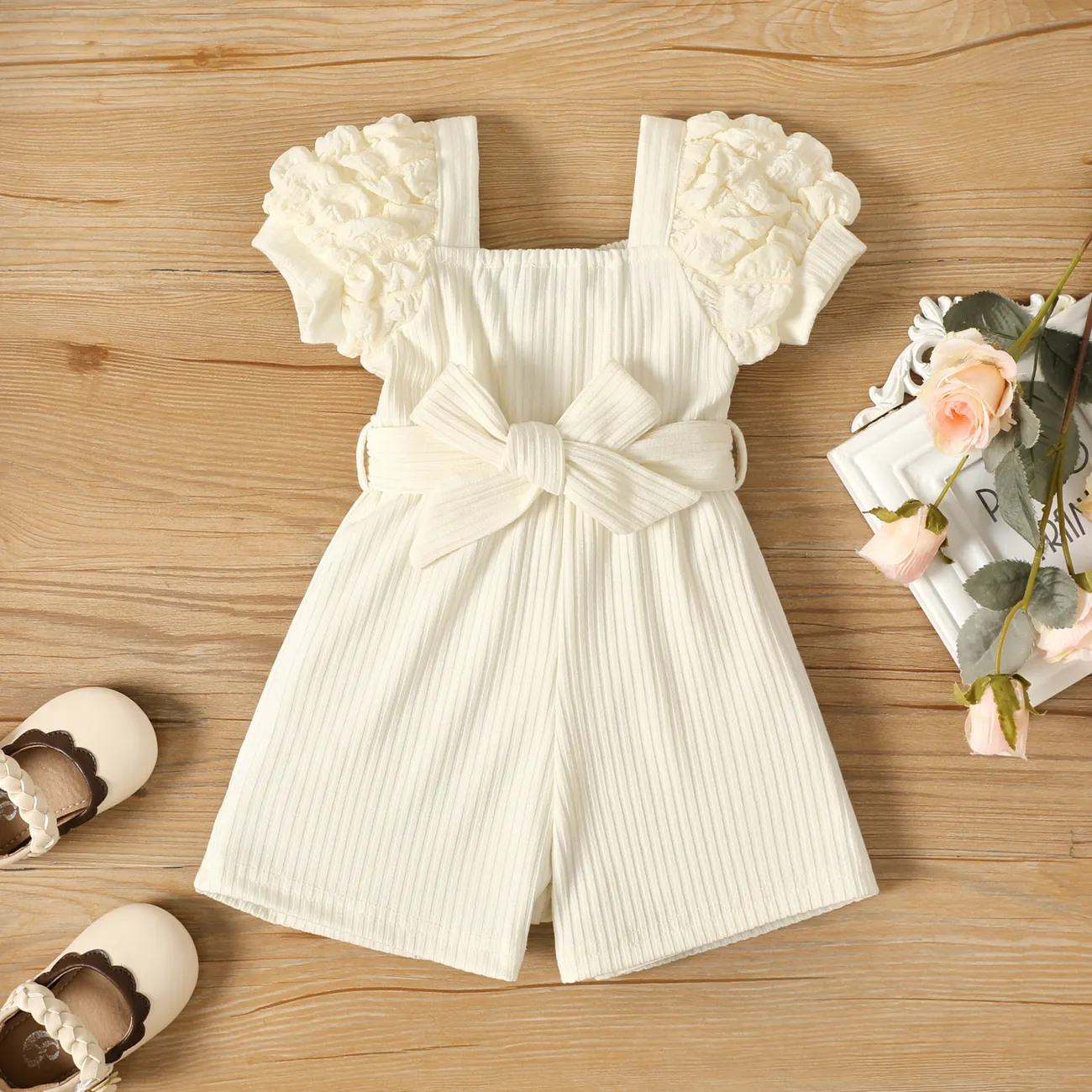 Baby Girl 95% Cotton Puff Sleeve Belted Jumpsuit Apricot big image 1