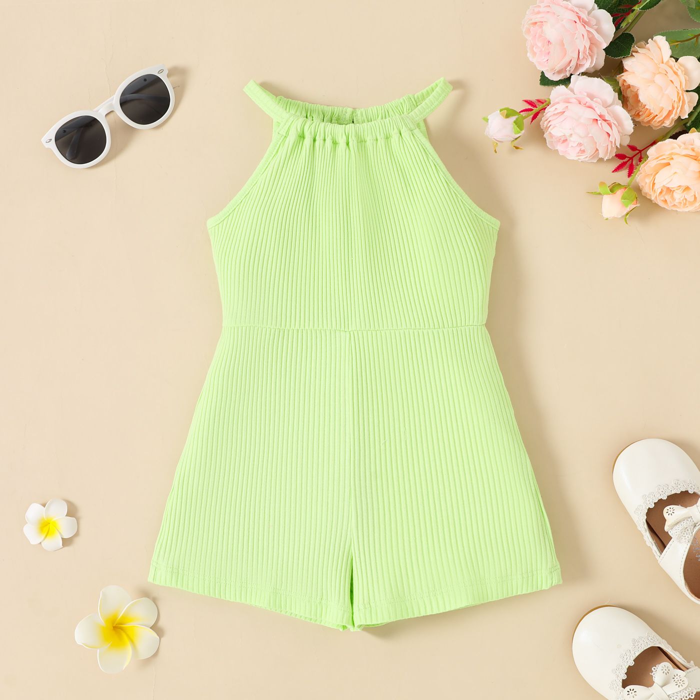 

Toddler Girl Solid Rib-knit Halter Neck Romper Shorts