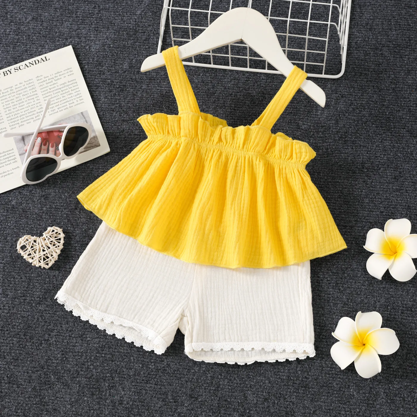 2pcs Toddler Girl 100% Cotton Ruffle Trim Solid Cami Top And Lace Trim Shorts Set