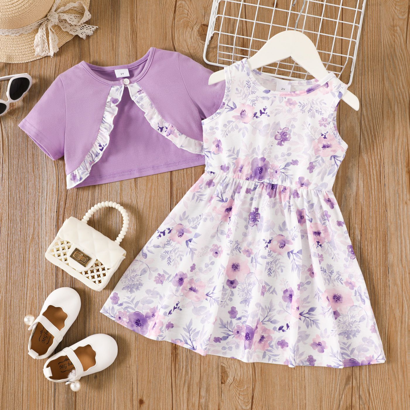 

2pcs Toddler Girl Ruffle Trim Cardigan and Floral Print Tank Dress Set