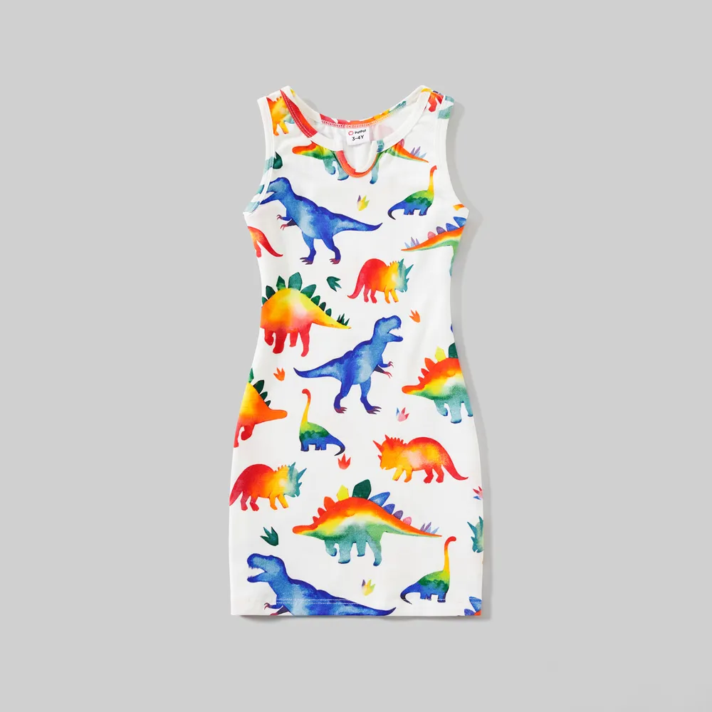 Family Matching Allover Dinosaur Print Cotton Tank Dresses and Striped Short-sleeve T-shirts Sets  big image 11