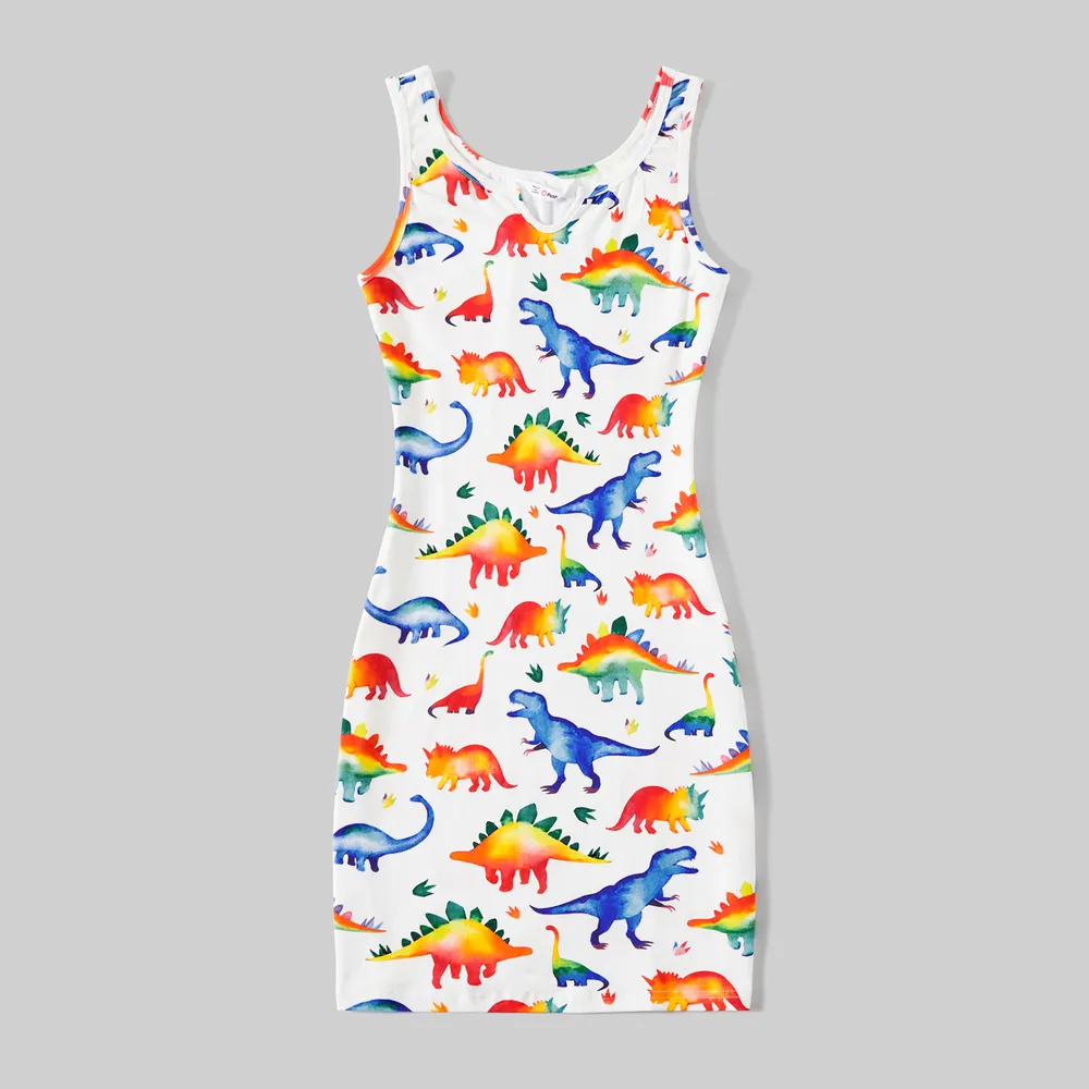Family Matching Allover Dinosaur Print Cotton Tank Dresses and Striped Short-sleeve T-shirts Sets  big image 15