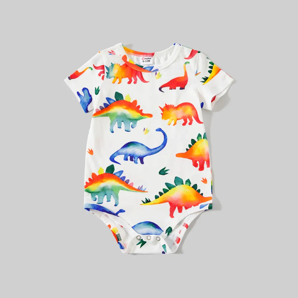 Family Matching Allover Dinosaur Print Cotton Tank Dresses and Striped Short-sleeve T-shirts Sets  big image 1