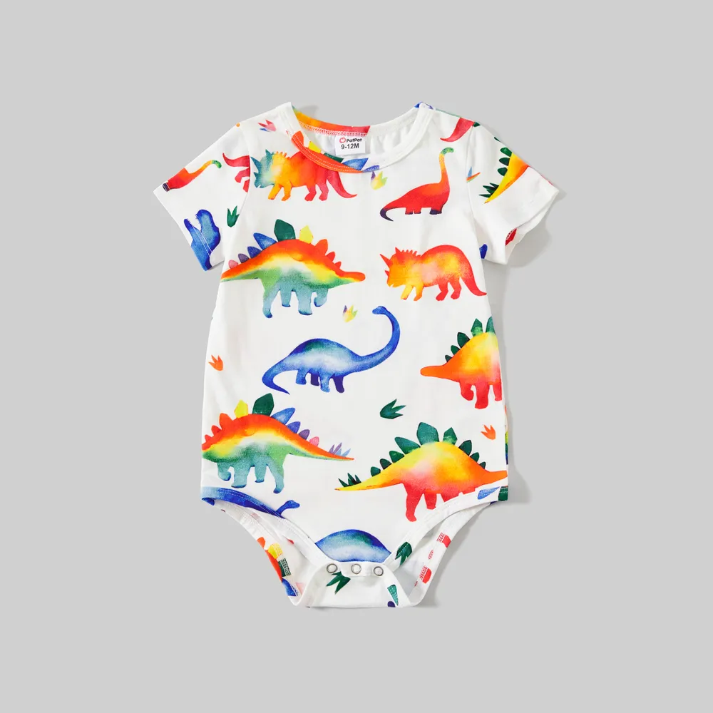 Family Matching Allover Dinosaur Print Cotton Tank Dresses and Striped Short-sleeve T-shirts Sets big image 1