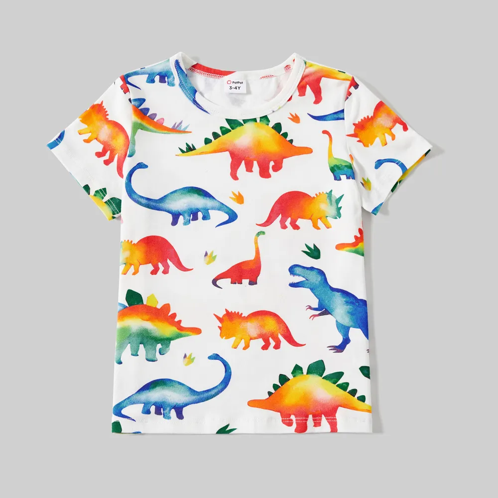 Family Matching Allover Dinosaur Print Cotton Tank Dresses and Striped Short-sleeve T-shirts Sets  big image 6