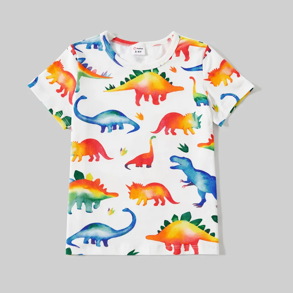 Family Matching Allover Dinosaur Print Cotton Tank Dresses and Striped Short-sleeve T-shirts Sets big image 6