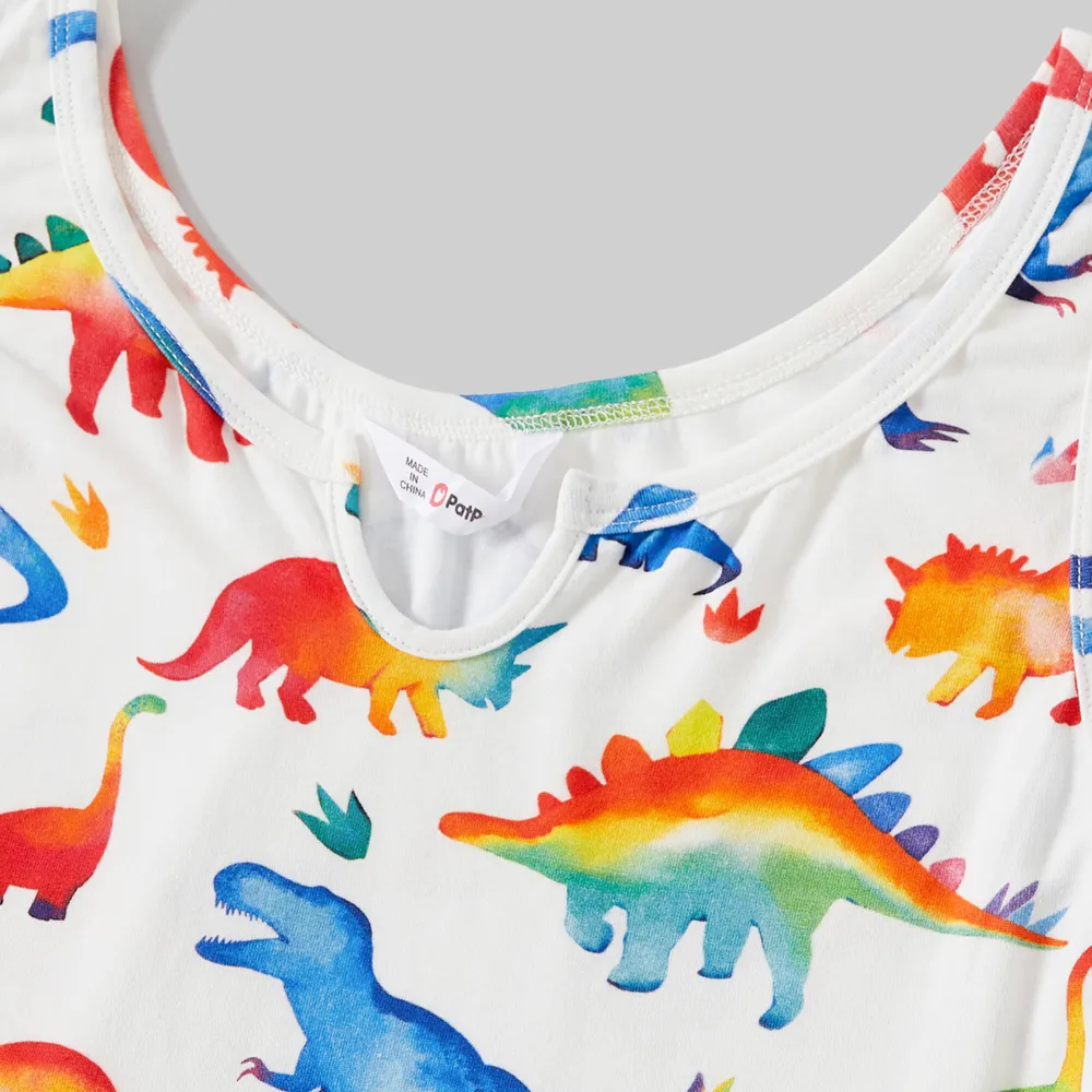 Family Matching Allover Dinosaur Print Cotton Tank Dresses and Striped Short-sleeve T-shirts Sets big image 16