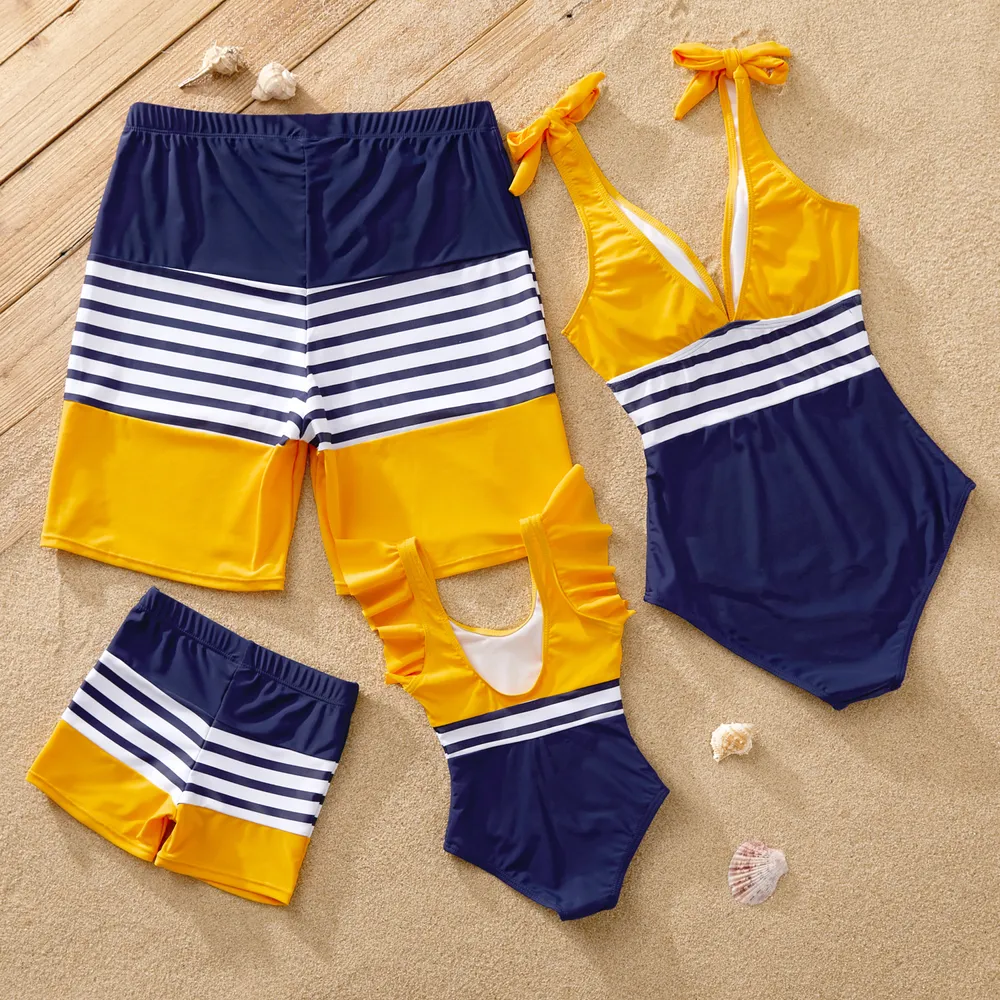 Family Matching Stripe & Colorblock Spliced One Piece Swimsuit or Swim Trunks Shorts  big image 3