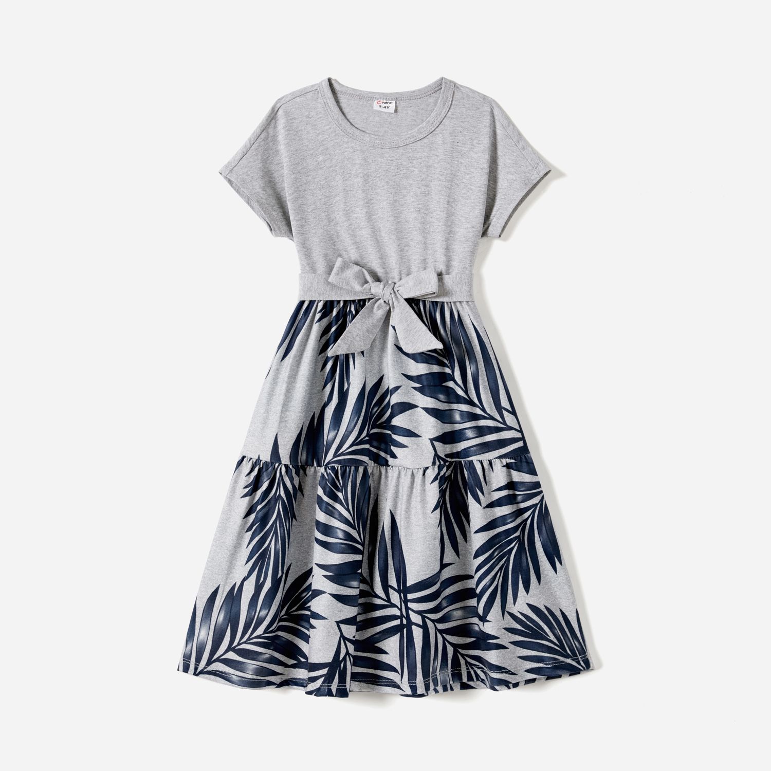 Family Matching Plant Print Panel Belted Short-sleeve Dresses And T-shirts Sets