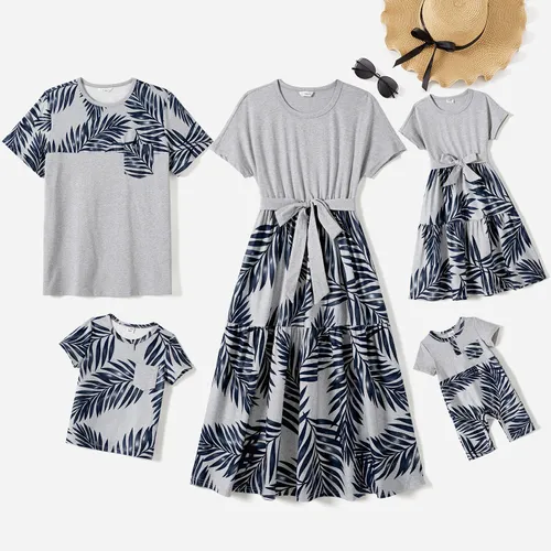 Family Matching Plant Print Panel Belted Short-sleeve Dresses and T-shirts Sets