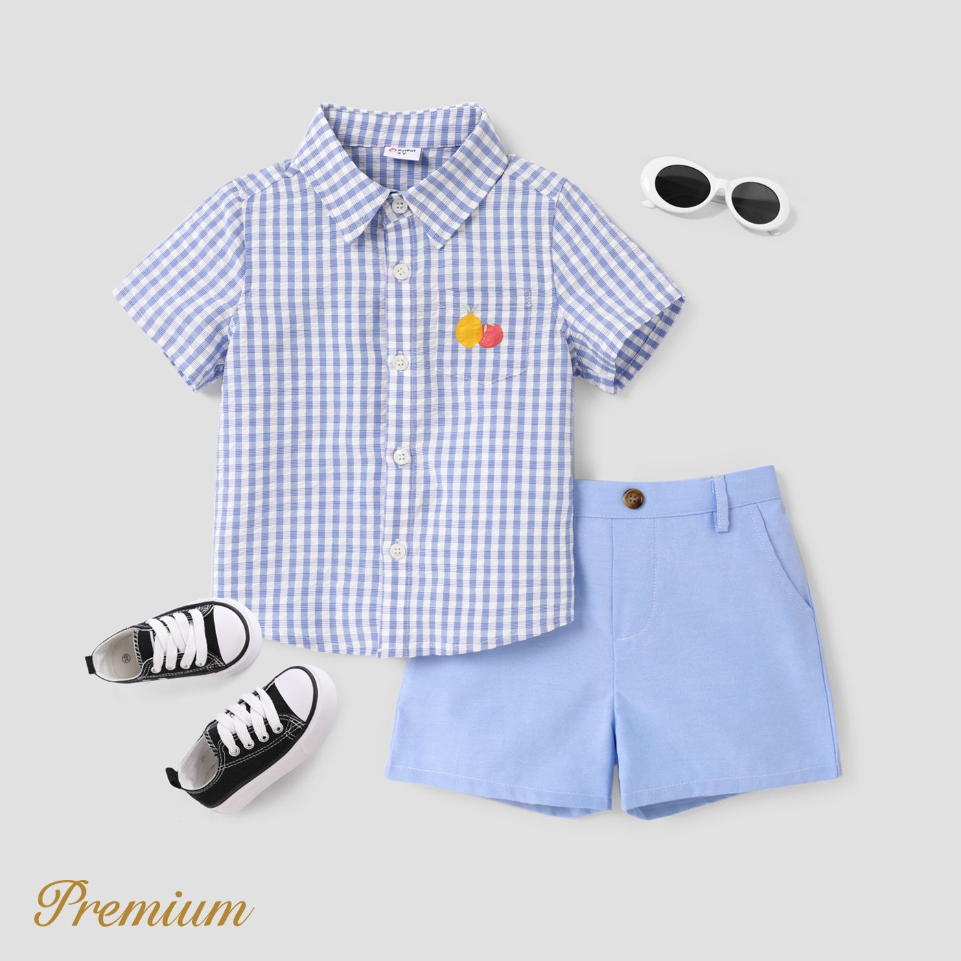 2pcs Toddler Boy Fruit Graphic Stripe Shirt And Solid Shorts Set