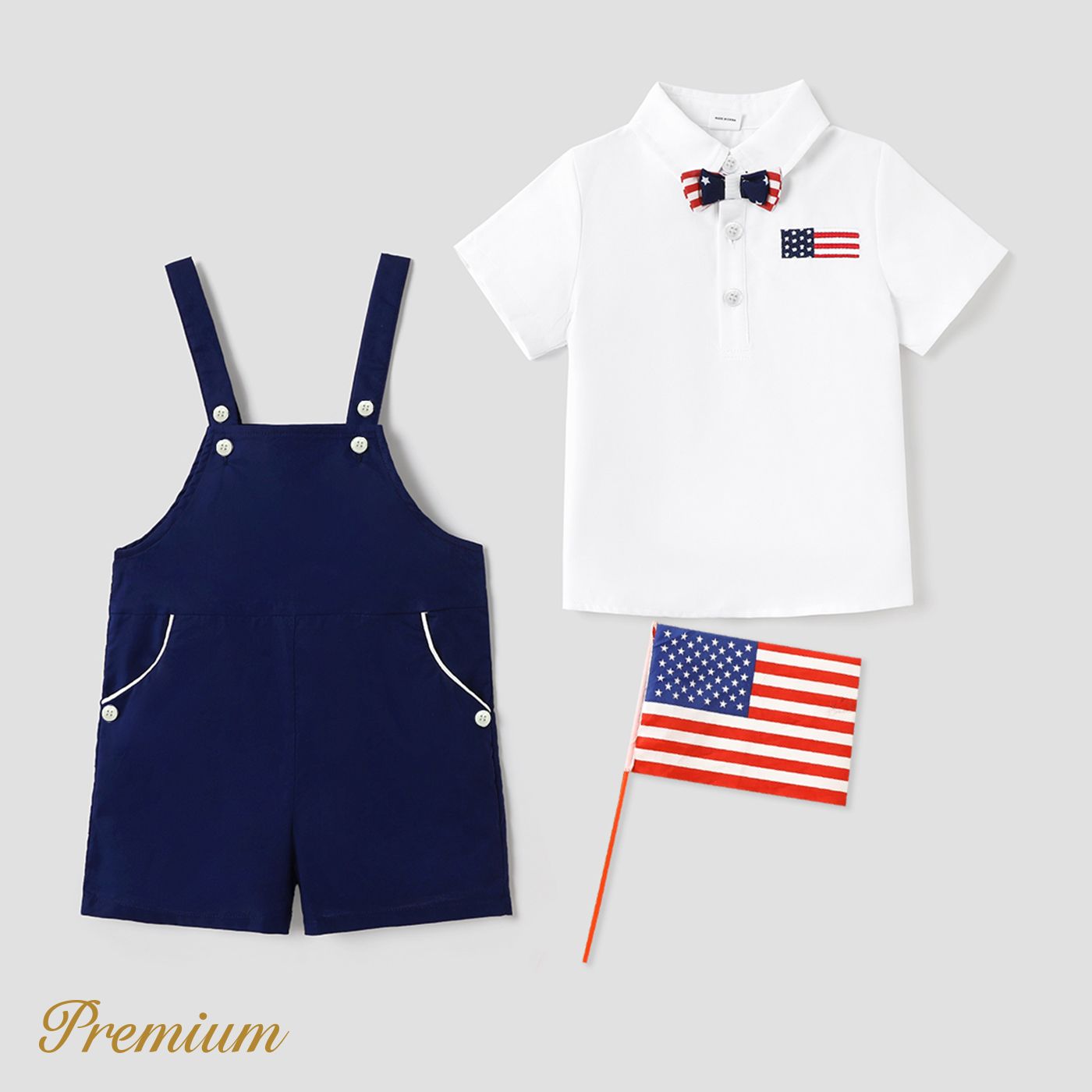 Independence Day 2-piece Toddler Boy 100% Cotton Button Front Overalls Shorts And Short-sleeve Bow Tie Decor Shirt Set
