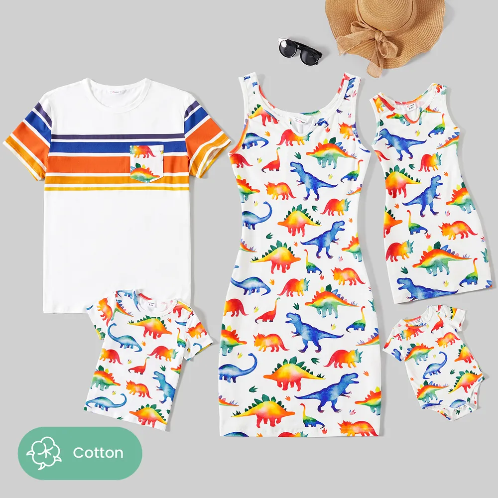 Family Matching Allover Dinosaur Print Cotton Tank Dresses and Striped Short-sleeve T-shirts Sets big image 2