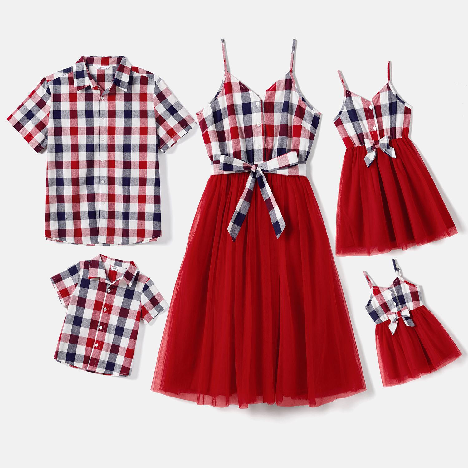 

Family Matching Plaid Splice Belted Mesh Slip Dresses and 100% Cotton Short-sleeve Plaid Shirts Sets