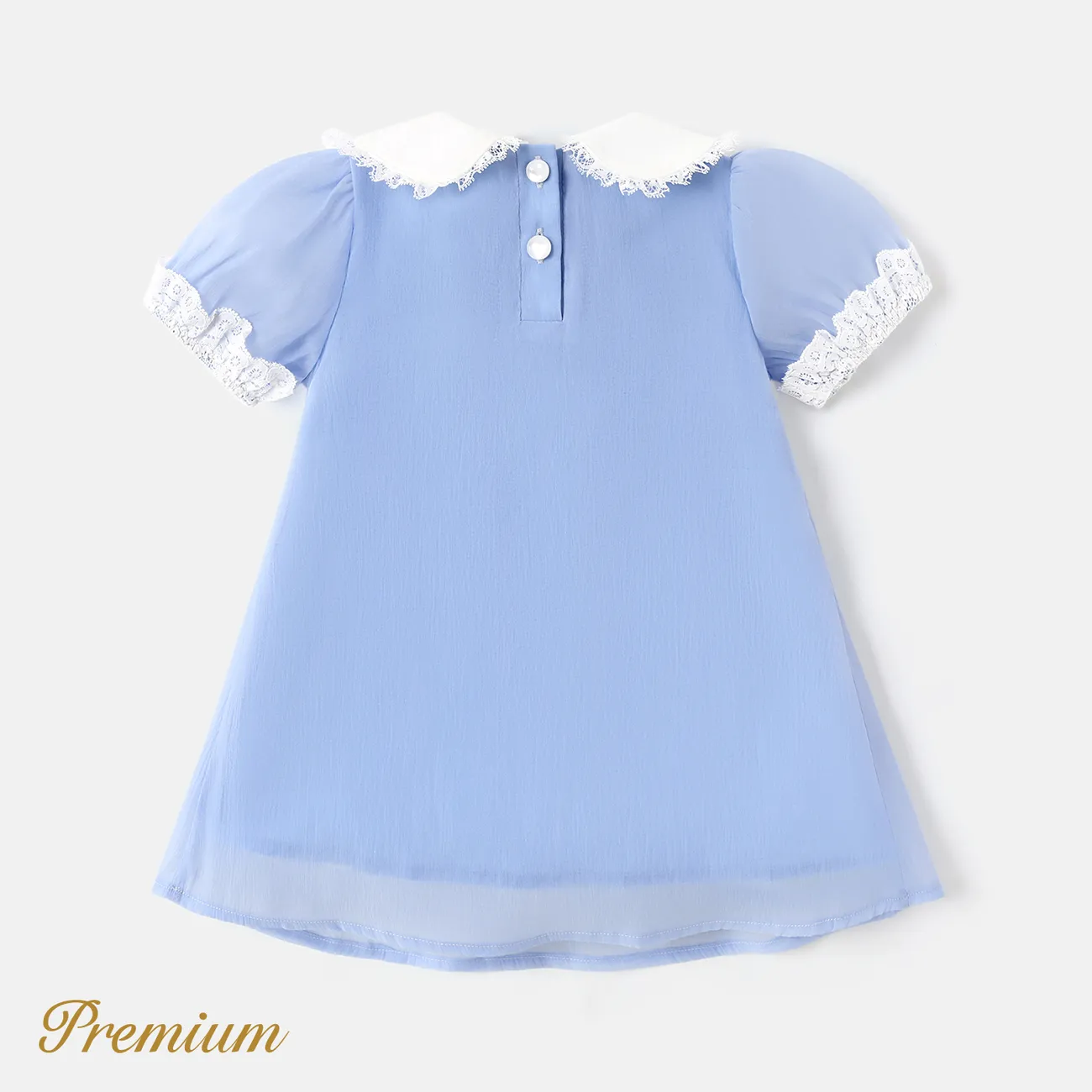 Baby Girl Floral Embroidered Peter Pan Collar Puff-sleeve Mesh Dress Blue big image 1