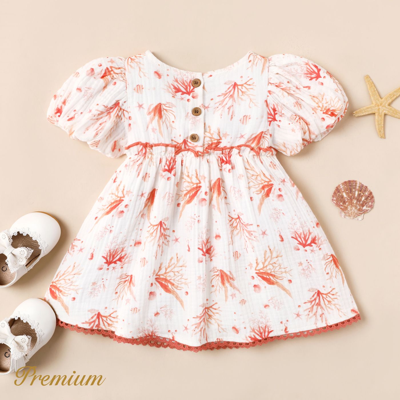 

<Coral Cuties> Baby Girl 100% Cotton Coral Print Lettuce Trim Smocked Tank Bodysuit / 100% Cotton Puff-sleeve Dress