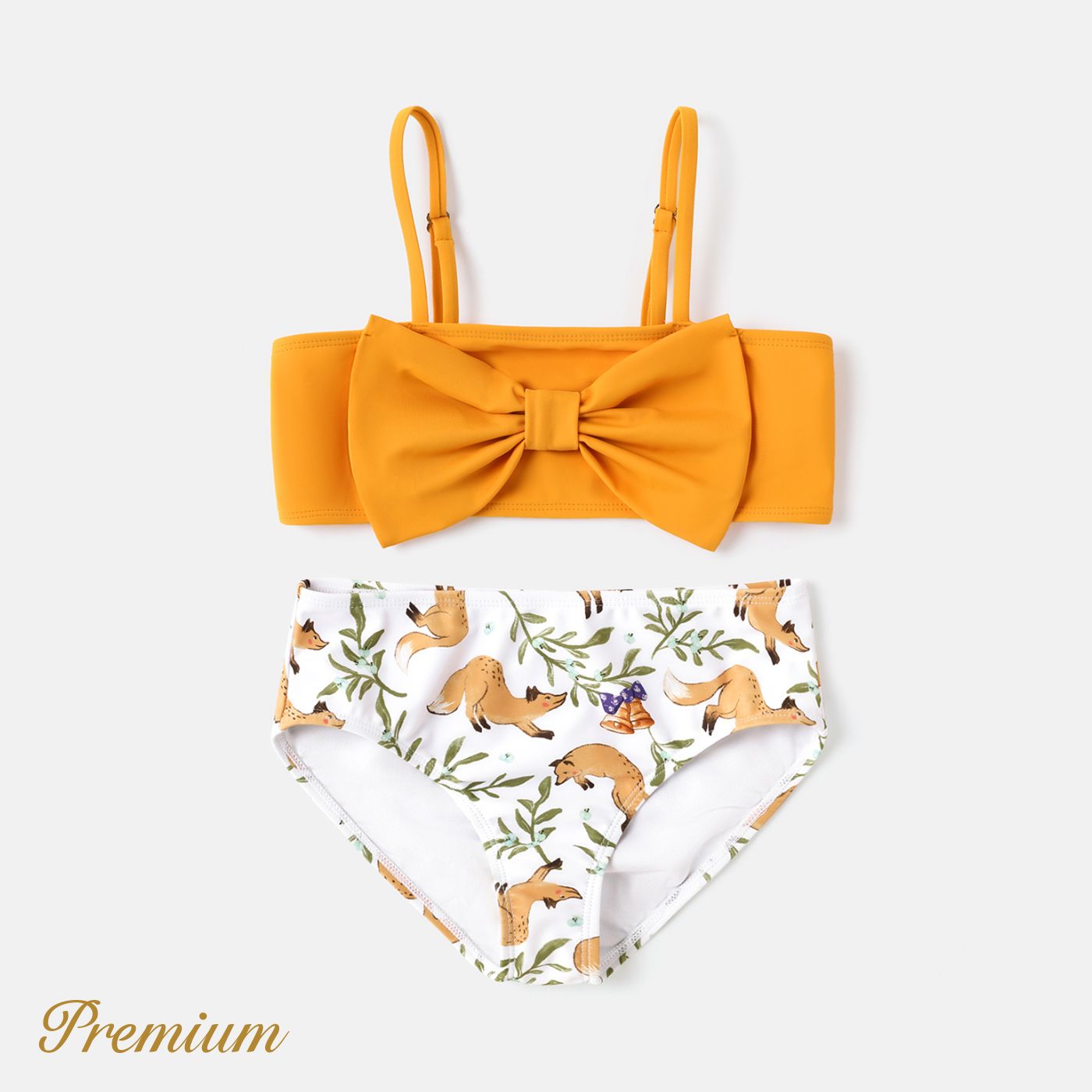 2pcs Kid Girl Bow Front Solid & Animal Print Two-piece Swimsuit Set
