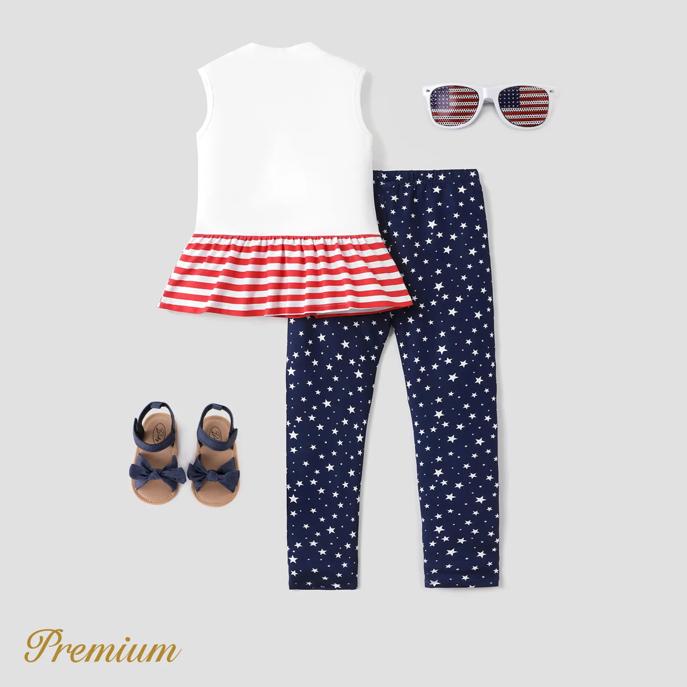 Independence Day 2-piece Kid Girl Cotton Sailboat & Letter Embroidery Striped Print Sleeveless Top and Allover Print Pants Set Tibetanbluewhite image 6