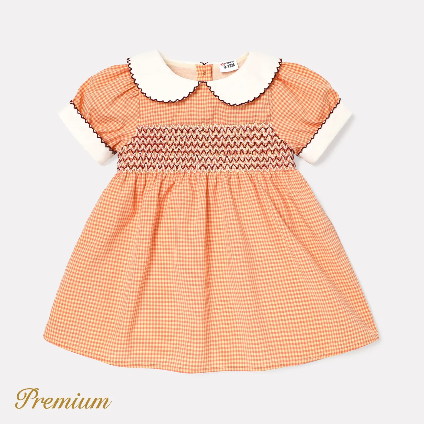 Baby Girl Plaid Print Doll Collar Short-sleeve Smocked Dress