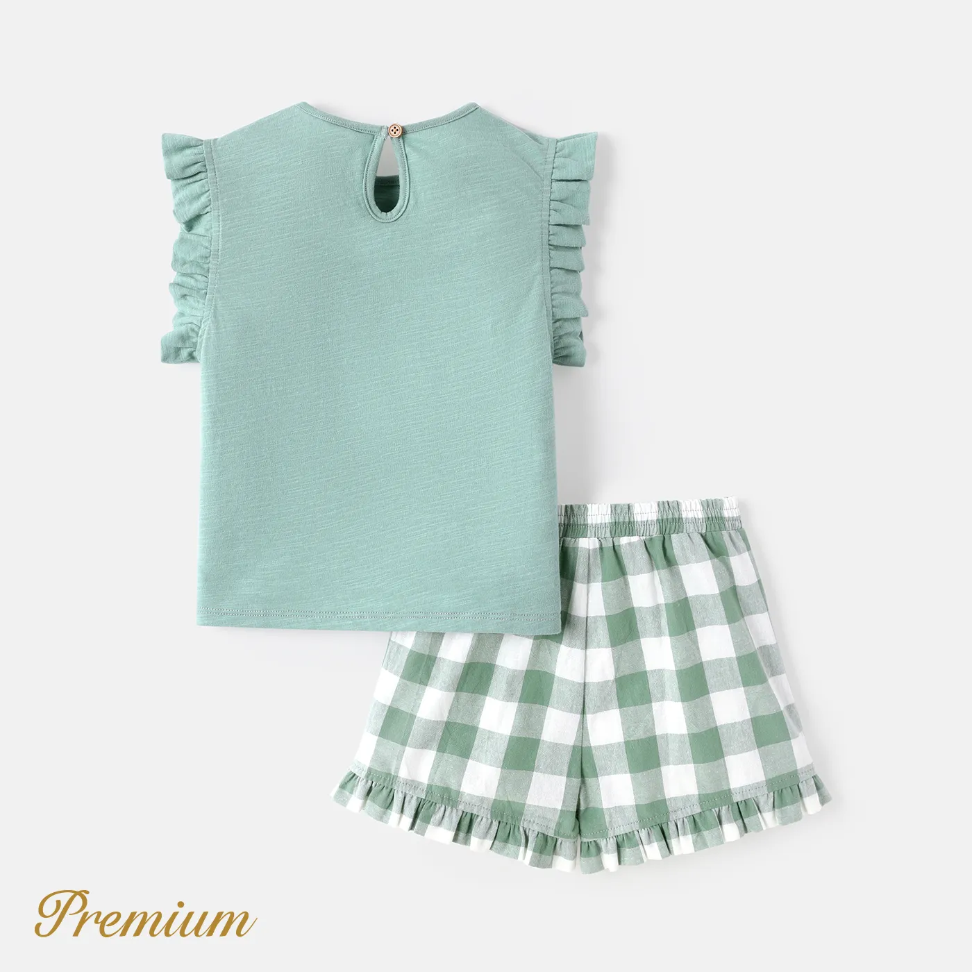 Mother's Day 2pcs Toddler Girl 100% Cotton Ruffled Plaid Shorts and Letter Print Tank Top Set Light Green image 2