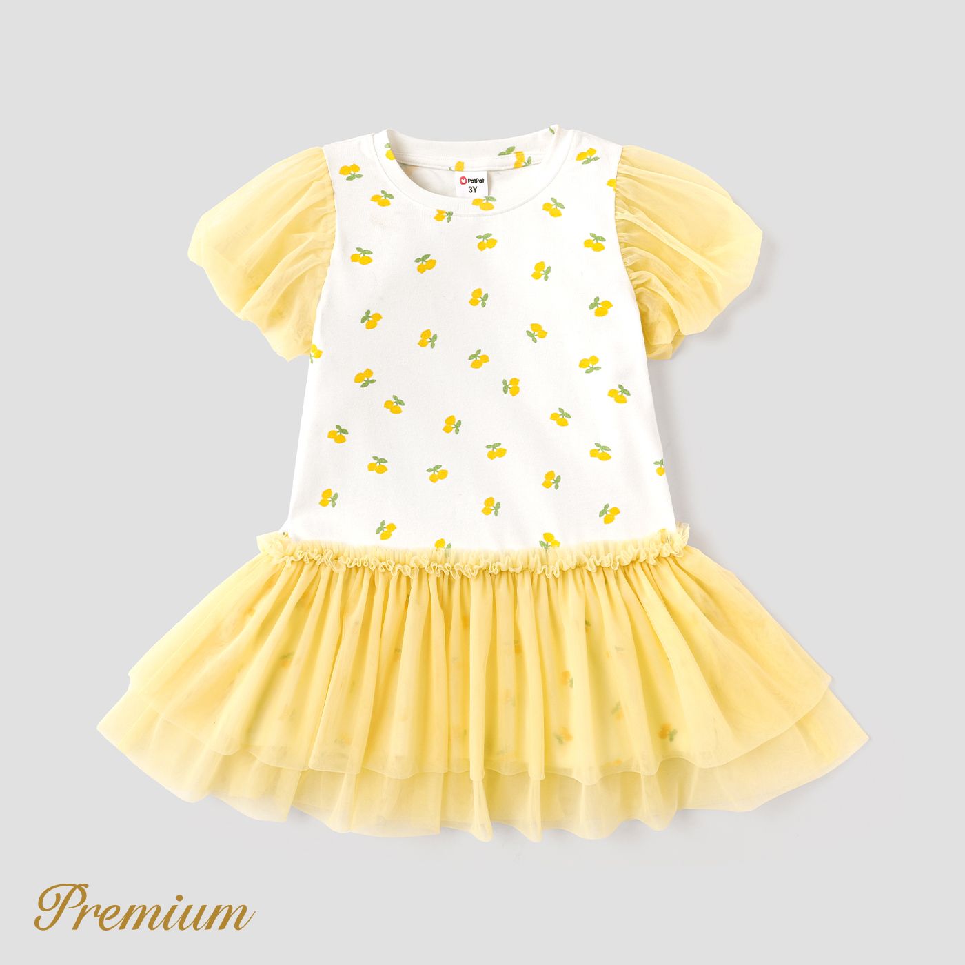 Toddler Girl Cotton Allover Lemon Print Puff-sleeve Spliced Mesh Dress