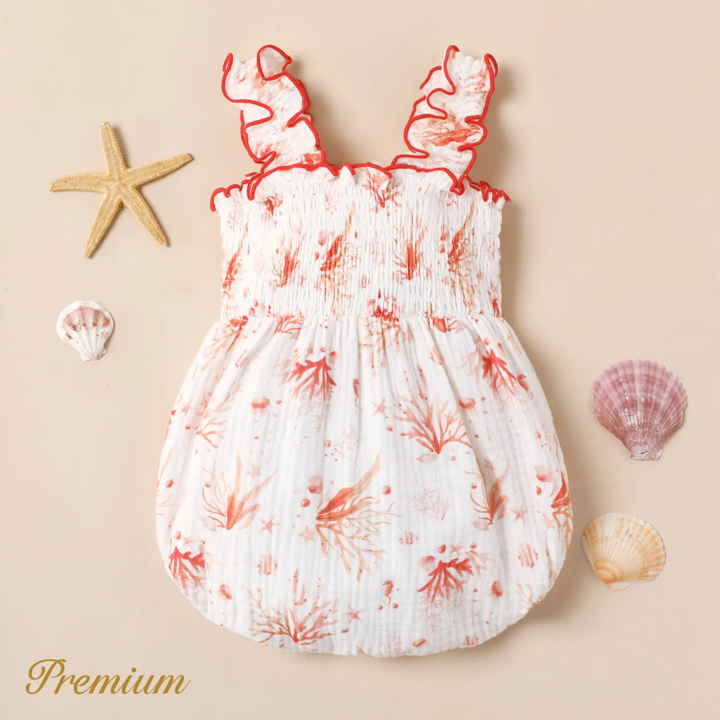 Baby Girl 100% Cotton Allover Coral Print Lettuce Trim Smocked Tank Romper  image 2