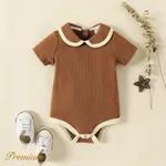 Baby Girl Two Tone Peter Pan Collar Short-sleeve Textured Romper Brown
