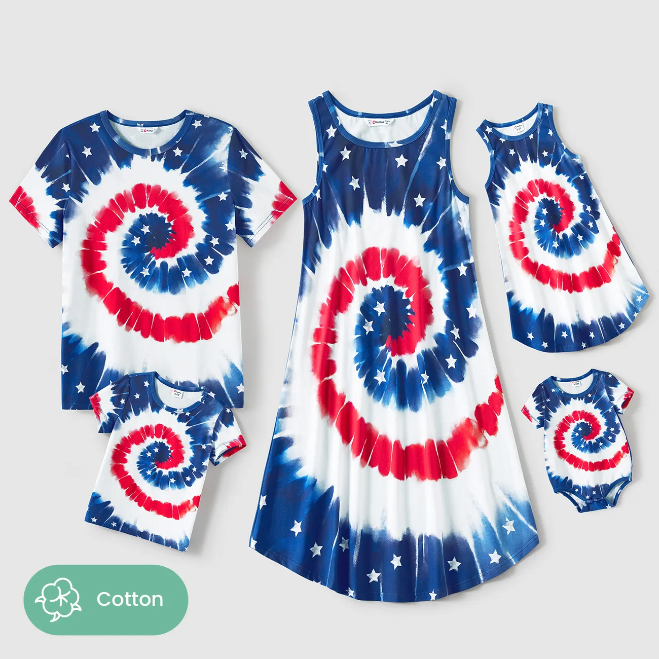 Independence Day Family Matching Cotton Short-sleeve T-shirts and Tank Dresses Sets Colorful big image 1