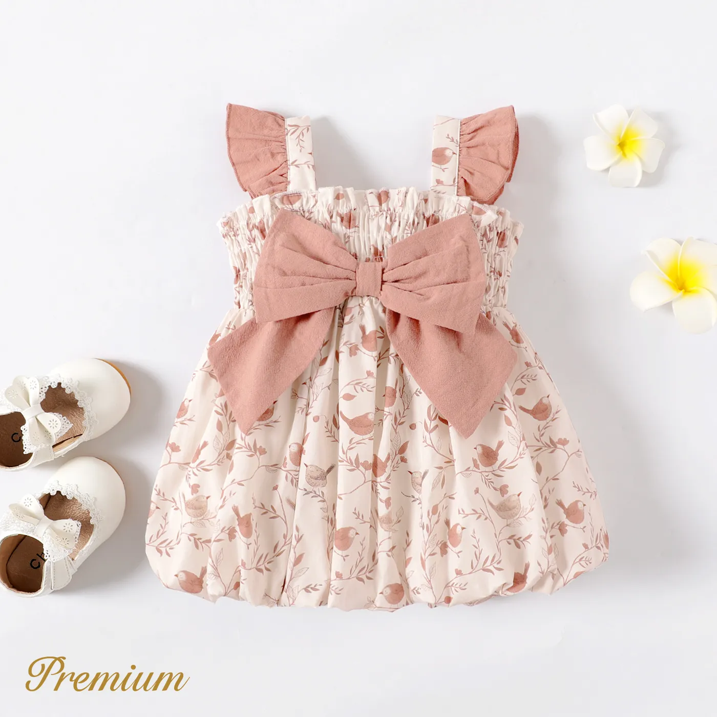 Baby Girl 100% Cotton Contrast Ruffle Trim Bow Front Allover Print Dress