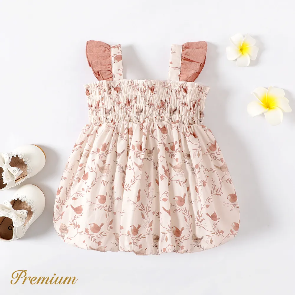Baby Girl 100% Cotton Contrast Ruffle Trim Bow Front Allover Print Dress big image 2