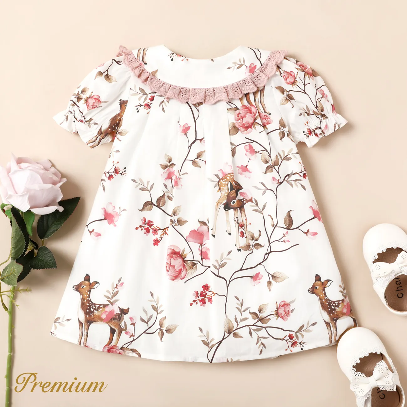 Baby Girl 100% Cotton Floral Print Doll Collar Short-sleeve Dress Pink big image 1