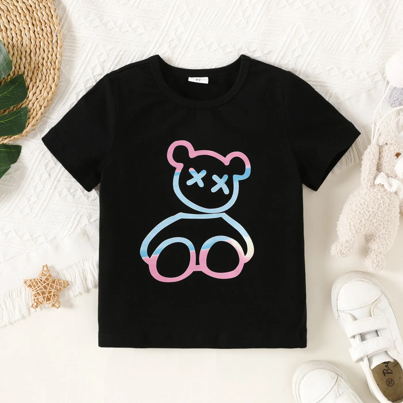

Toddler Girl/Boy Colorful Bear Graphic Black Short-sleeve Tee
