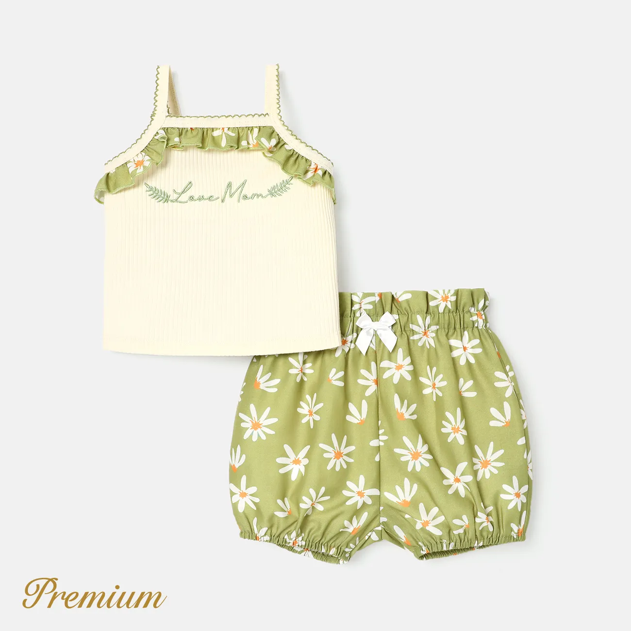 2pcs Baby Girl Cotton Letter Embroidered Ruffled Ribbed Cami Top and Bloomer Shorts Set  big image 1