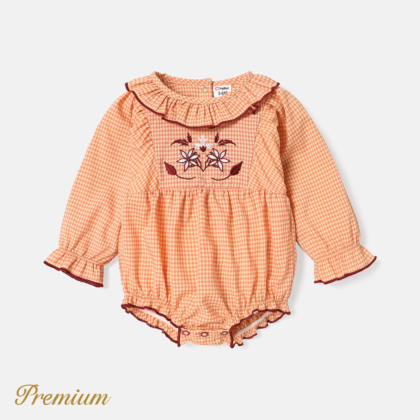 Baby Girl Floral Embroidered Gingham Ruffle Collar Long-sleeve Romper