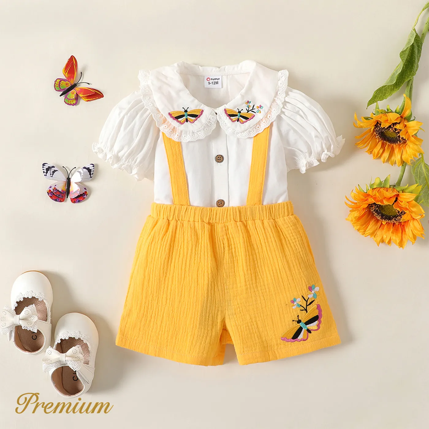 2pcs Baby Girl 100% Cotton Floral Embroidered Ruffle Collar Puff-sleeve Top And Solid Crepe Suspender Shorts Set