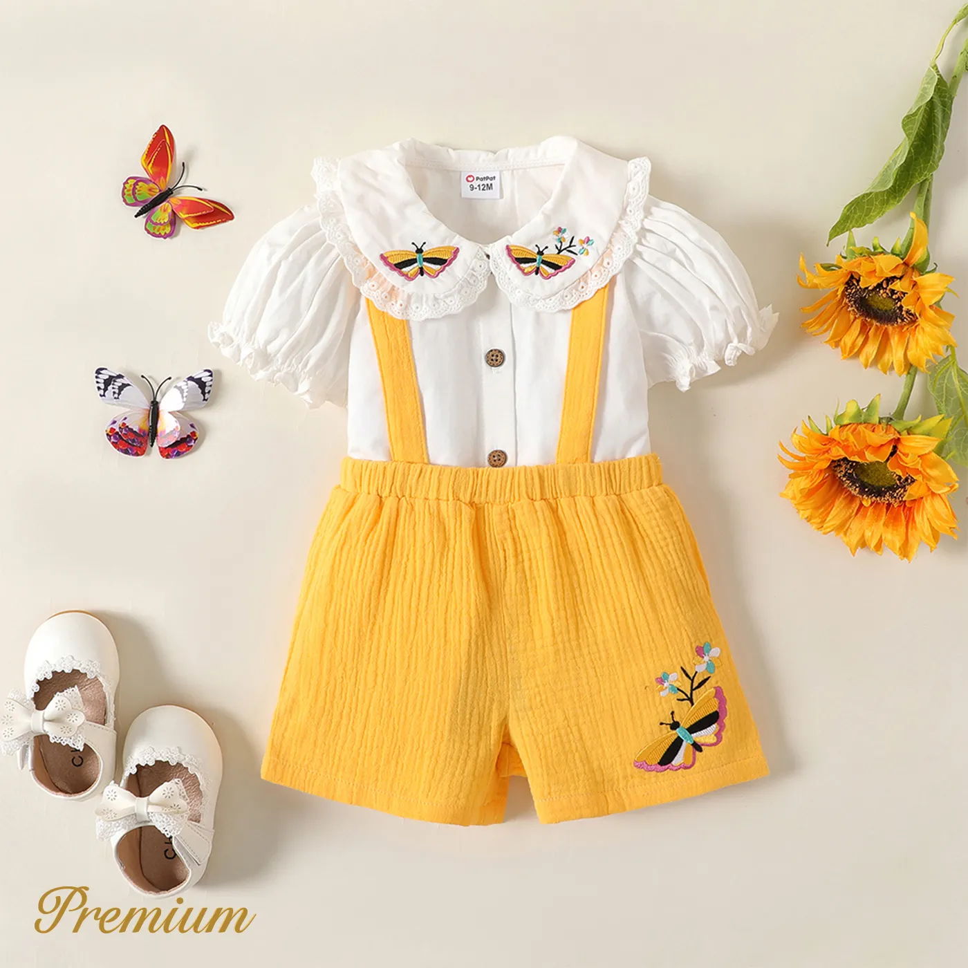 2pcs Baby Girl 100% Cotton Floral Embroidered Ruffle Collar Puff-sleeve Top and Solid Crepe Suspender Shorts Set  big image 1