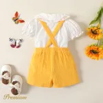 2pcs Baby Girl 100% Cotton Floral Embroidered Ruffle Collar Puff-sleeve Top and Solid Crepe Suspender Shorts Set Yellow image 3