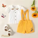 2pcs Baby Girl 100% Cotton Floral Embroidered Ruffle Collar Puff-sleeve Top and Solid Crepe Suspender Shorts Set Yellow image 2