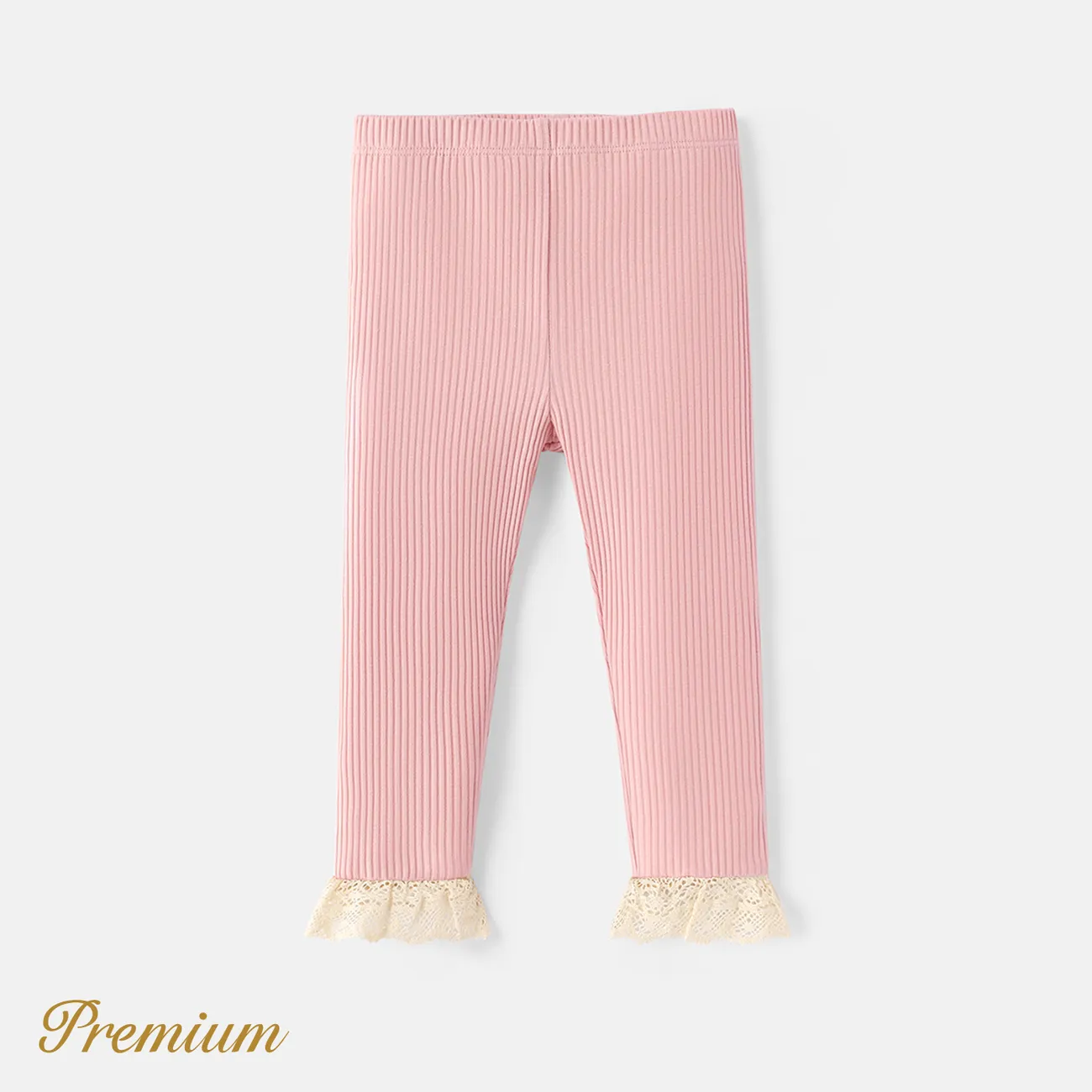 Baby Girl Lace Detail Solid Cotton Ribbed Leggings Pink big image 1