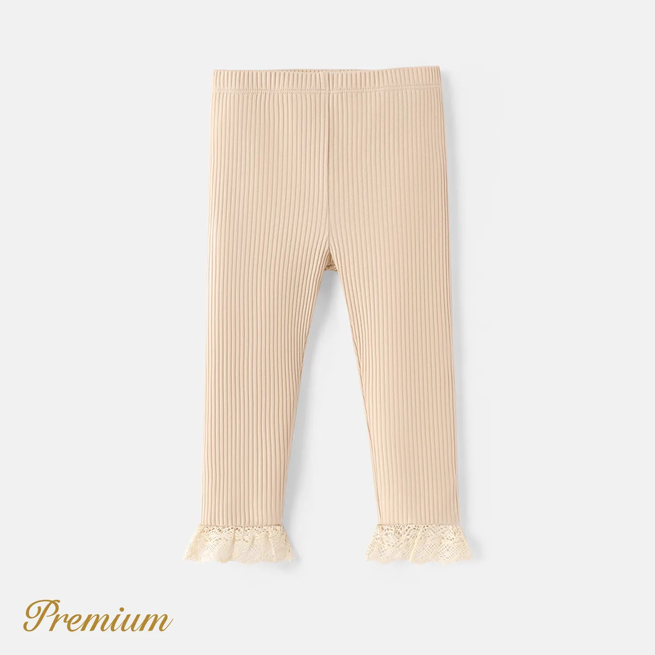 Baby Girl Lace Detail Solid Cotton Ribbed Leggings Apricot big image 1