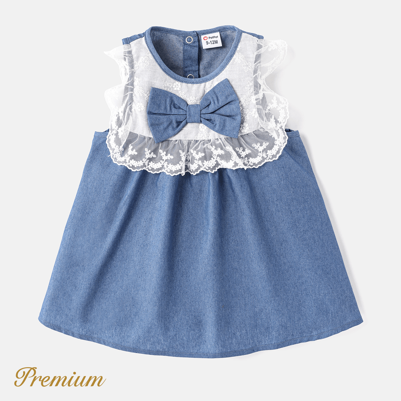 Baby Girl Lace Detail Bow Front Denim Tank Dress