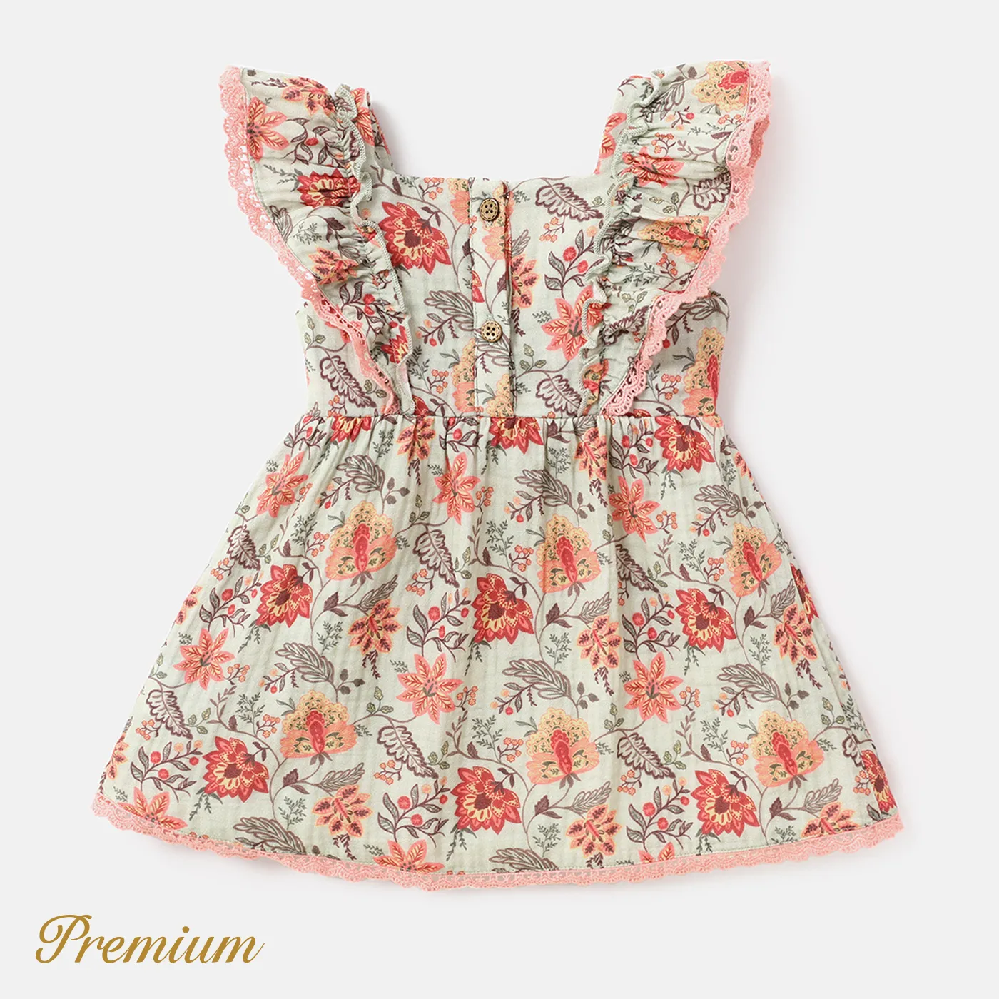 Baby Girl 100% Cotton Crepe Lace Detail Ruffle Trim Dress GrayGreen image 2