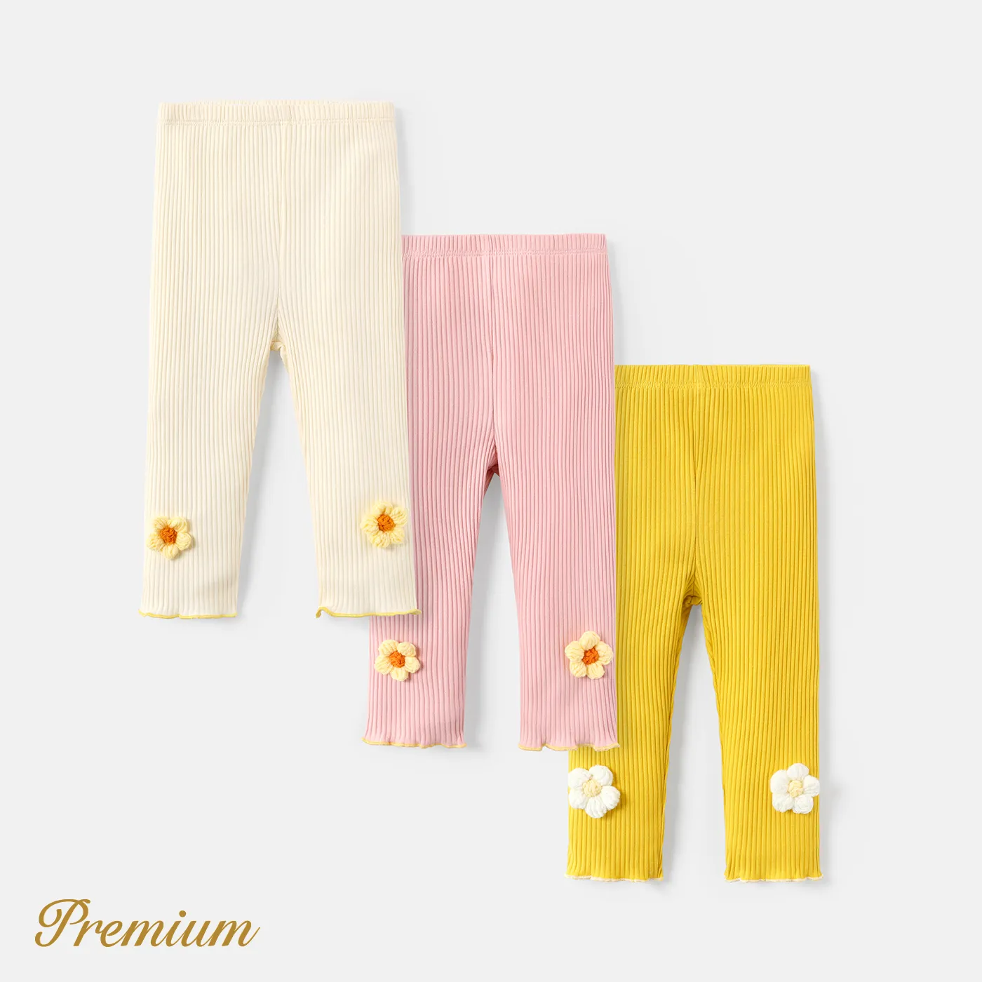 Baby Girl Knit Flower Detail Solid Cotton Ribbed Leggings