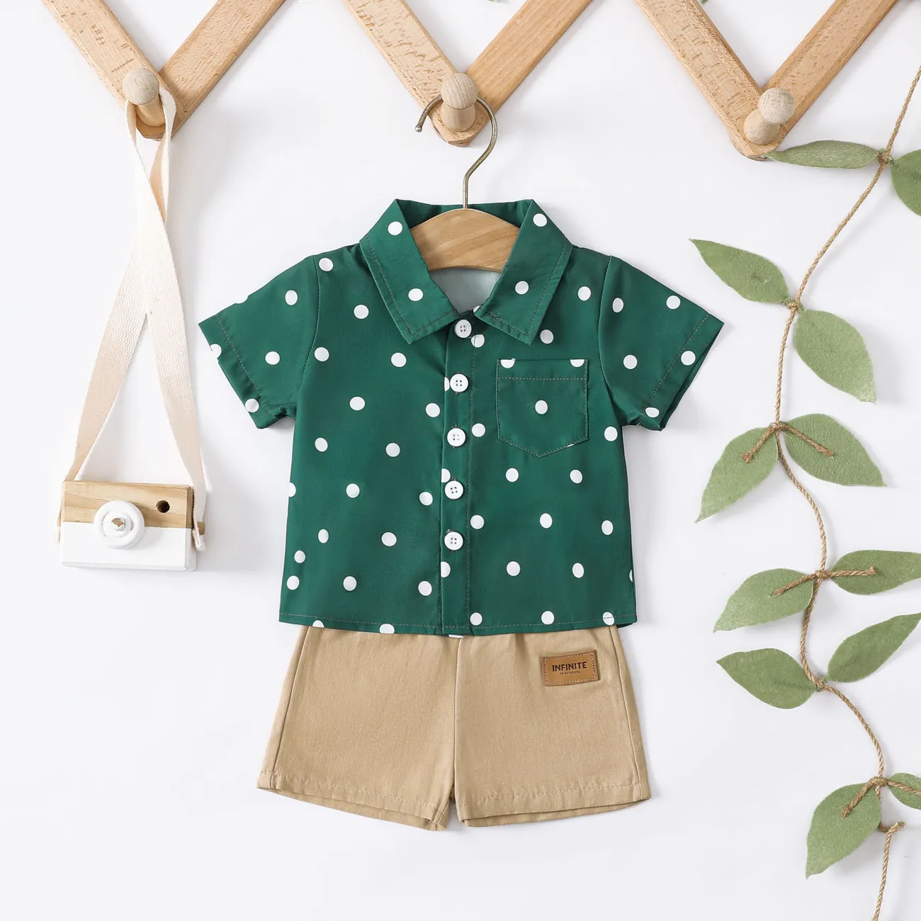 2pcs Baby Boy Polka Dots Pattern Short-sleeve Shirt and 100% Cotton Shorts Set  big image 1