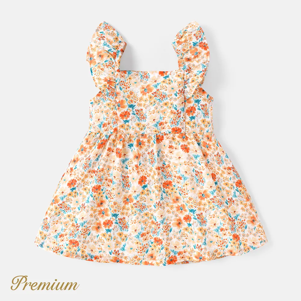 Baby Girl 100% Cotton Solid or Striped/Floral-print Flutter-sleeve Button Front Dress big image 3