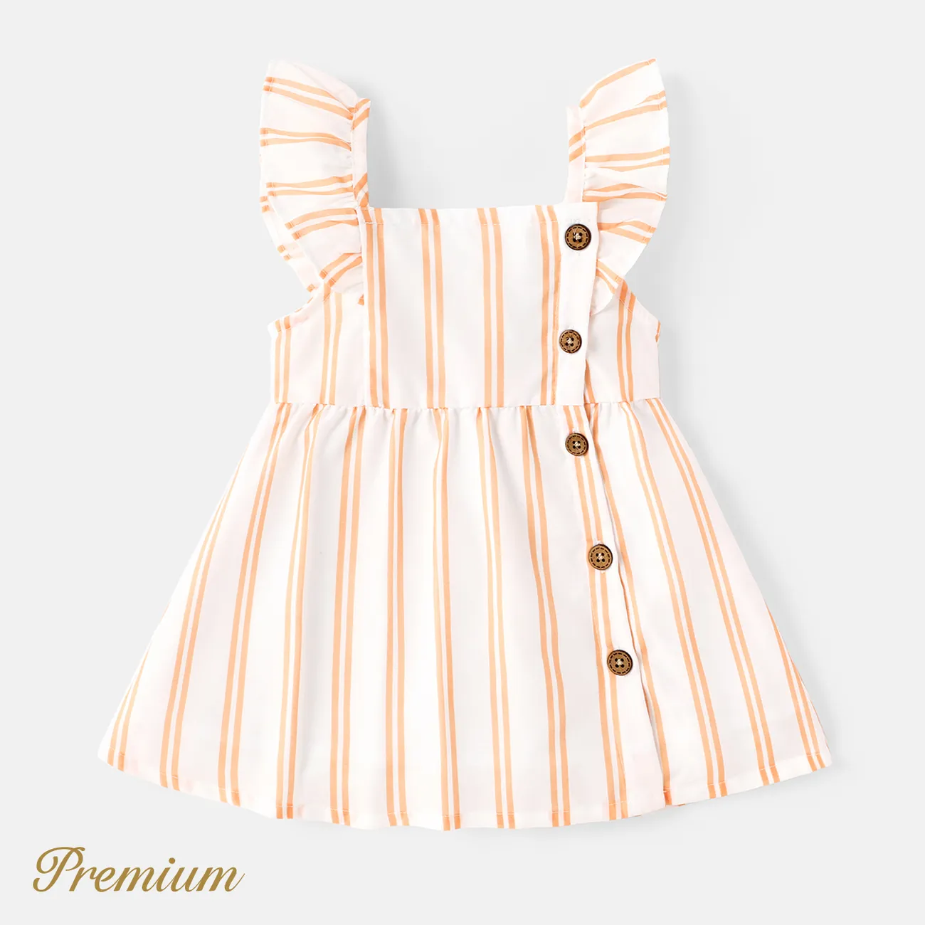 Baby Girl 100% Cotton Solid or Striped/Floral-print Flutter-sleeve Button Front Dress COLOREDSTRIPES big image 1